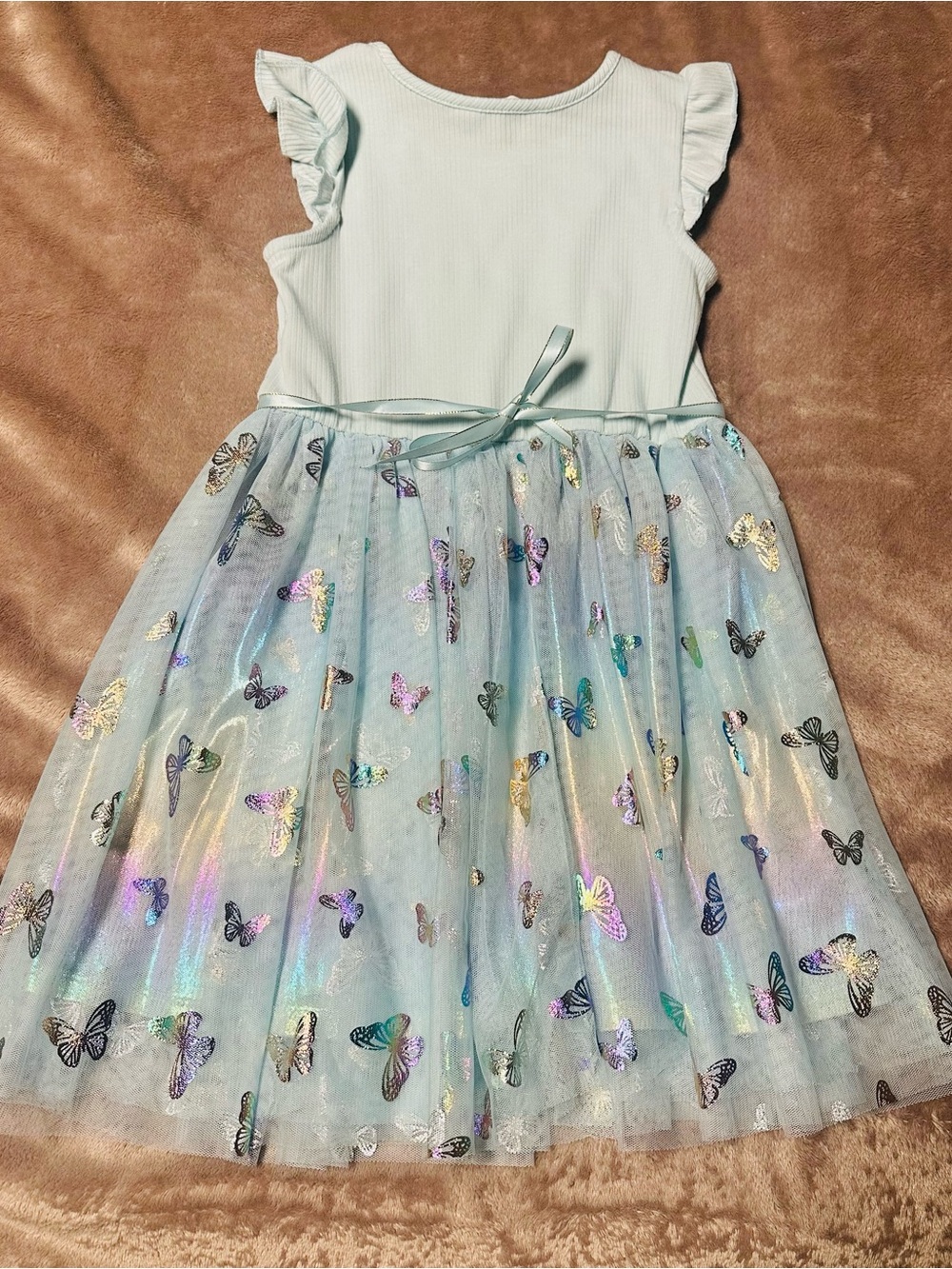 Girls Light Blue Butterfly Tulle Party Dress with Flutter Sleeves - Picture 2 of 4